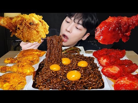 ASMR MUKBANG | 직접 만든 짜파게티 양념 치킨먹방! & 레시피 FRIED CHICKEN AND BLACK BEAN NOODLES EATING SOUND