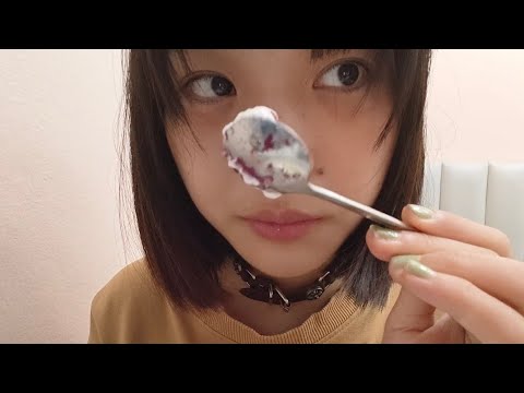 Eating ASMR|very lofi, licking yogurt ,spoon,chewing sound, random