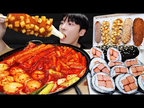 ASMR MUKBANG | 직접 만든 양념치킨 떡볶이 스팸 계란 김밥 레시피 & 먹방 FRIED CHICKEN AND FIRE NOODLES EATING