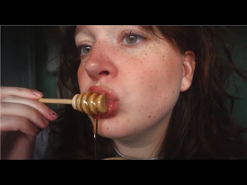 ASMR eating sticky honey with 2 different wooden spoons (no talking, intense mouth sounds)