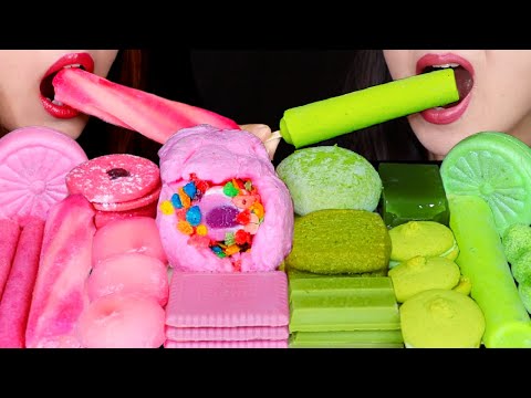 ASMR PINK + GREEN DESSERTS (COTTON CANDY ICE CREAM BURRITO, KULFI, MARSHMALLOW MOCHI, BEAN JELLY 먹방