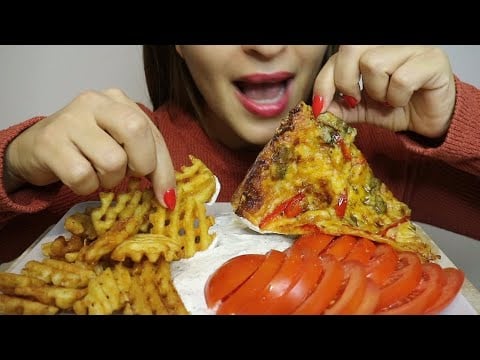 ASMR WAFFLED FRIES / PIZZA / TZATZIKI / TOMATO / no talking / CREMA ASMR #asmr #fries #pizza #food