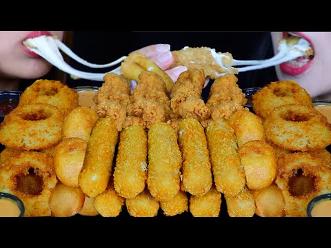 ASMR FRIED FOOD FEAST! GIANT CHEESE STICKS, CRUNCHY ONION RINGS, CORN DOGS, FRIED CHICKEN, FRIES