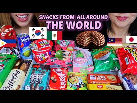 ASMR EATING MYSTERY SNACKS FROM AROUND THE WORLD! Candy, cookies, chocolates, chips 먹방