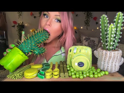 ASMR GREEN FOOD EDIBLE CACTUS PLANT (FAKE), INSTAX POLAROID CAMERA FUJIFILM, SPOONS EATING SHOW 먹방