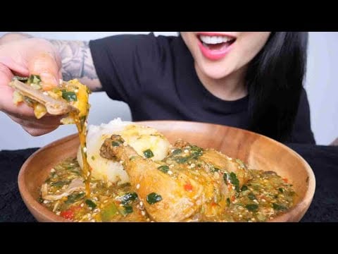 FUFU + CHICKEN OKRA SOUP (ASMR EATING SOUNDS) LIGHT WHISPERS | SAS-ASMR