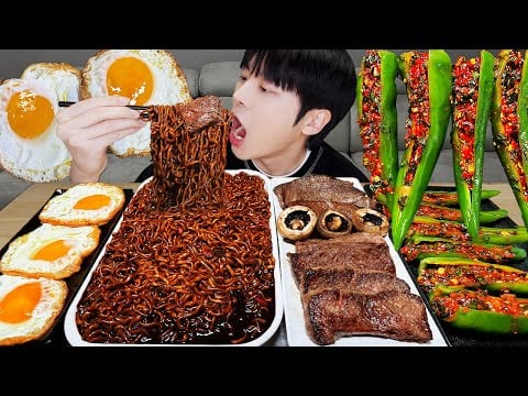 ASMR MUKBANG | 직접 만든 오이고추 김치 레시피 & 짜파게티, 한우 소고기, 계란 먹방 | RECIPE KOREAN FOOD