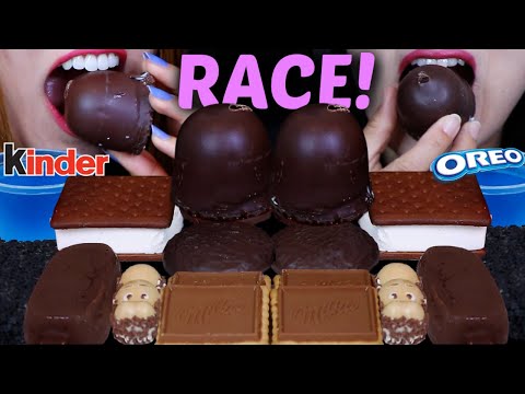 ASMR LEFTOVER DESSERT RACE! GIANT CHOCOLATE MARSHMALLOWS, MAGNUM ICE CREAM, MILKA, KINDER, OREO 먹방