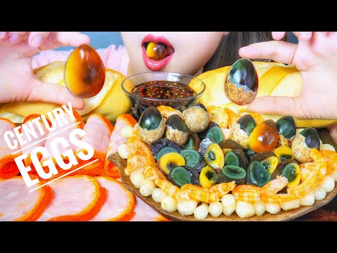 ASMR EATING CENTURY EGG X HAM X PICKLED SMALL LEEKS X DRY SHRIMPS | EATING SOUNDS | LINH-ASMR