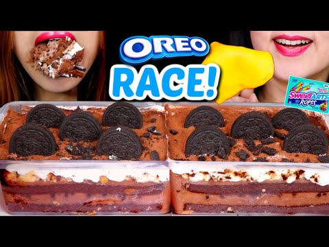 ASMR CAKE RACE! CHOCOLATE OREO MOUSSE CAKE + RAINBOW GUMMY CANDY ROPES + LOSER CHEESE SLAP초콜릿 케이크 먹방