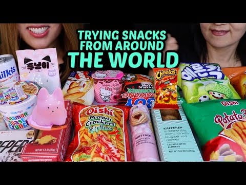 ASMR TRYING SNACKS FROM AROUND THE WORLD! Hello Kitty Chocolate, viral cat jelly 먹방