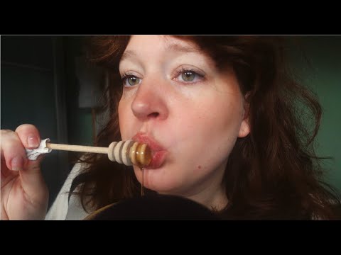 ASMR eating sticky honey with 3 different wooden spoons (no talking)