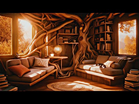 🍂˚⋆. Autumn Tree House *•.🍁.•* Ambience ASMR - Wind, Soft Rain, Cat Purring, Wood creaking ⋆˚🍂