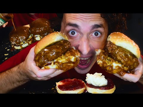 MONSTER THANKSGIVING TURKEY BURGERS WITH GRAVY + CRANBERRY SAUCE ! * ASMR NO TALKING *