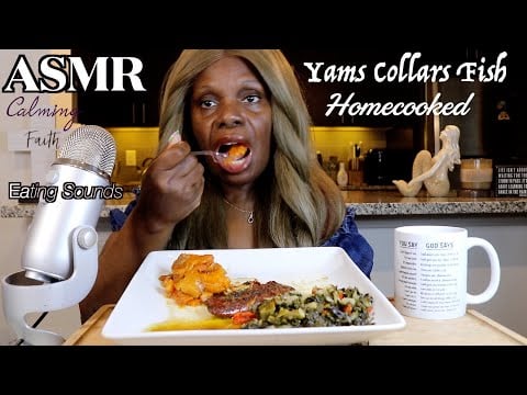 Sweet Yams Collards Baked Talapia Dinner Plate ASMR Eating Sounds