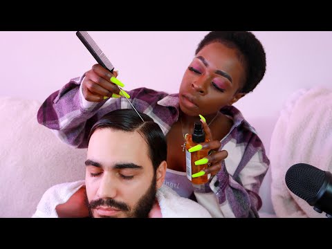 {ASMR} Most Relaxing Wet Hairplay Styling on Caucasian Hair. ~ Water spray bottle sounds.