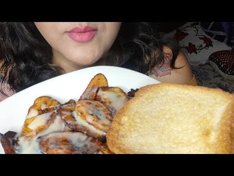ASMR Comiendo plátano guisado con lechera y pan tostado 🍞