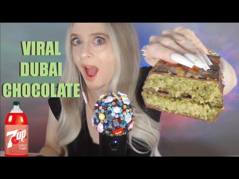 ASMR Tasting Viral Dubai Chocolate Bar & 7UP Shirley Temple For First Time | Whispered Food Review