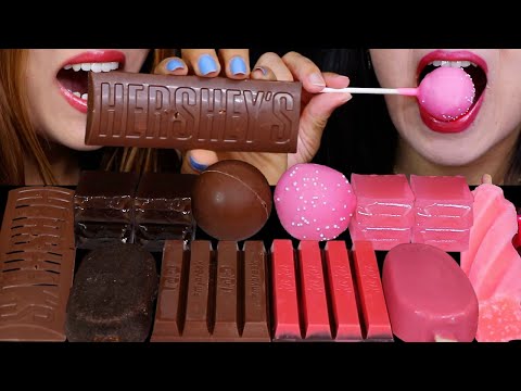 ASMR CHOCOLATE VS PINK DESSERTS (CAKE POP, BEAN JELLY, KITKATS, HERSHEY'S CHOCOLATE BAR, ICE CREAM)