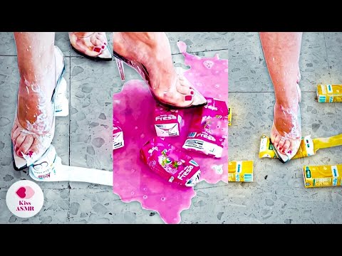 ASMR | Crushing Juice Box & Yoghurt with High Heels 4K