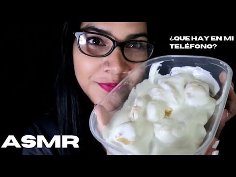 ASMR comiendo yogur con banana y te muestro que hay en mi celular