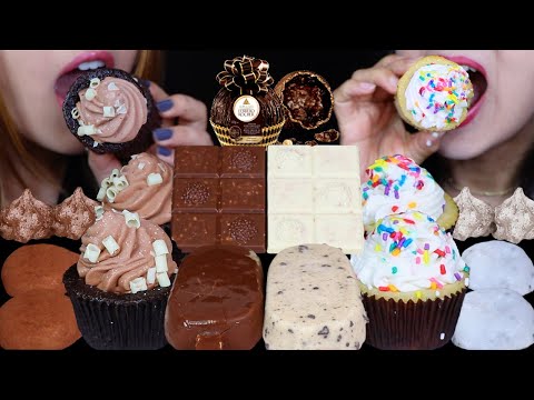 ASMR MILK VS WHITE CHOCOLATE DESSERTS (ICE CREAM SPRINKLE CUPCAKES, DAIFUKU MOCHI, FERRERO BARS) 먹방