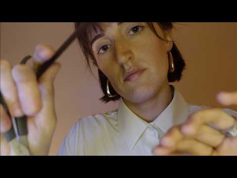 ASMR soft spoken haircut w/ magazine flip-thru (realistic layered sounds, spray bottle, brushing)