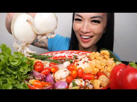 CUTTLE FISH SPICY THAI SALAD + FRESH VEGGIES (ASMR EATING SOUNDS) LIGHT WHISPERS | SAS-ASMR