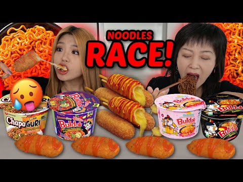 SPICY RAMEN NOODLES & CHEESY CORN DOG RACE EATING COMPETITION + WEEK VLOG