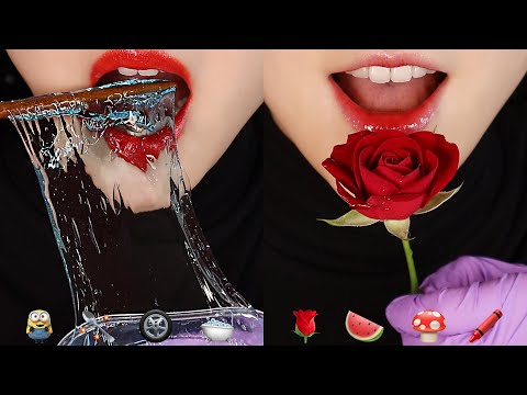EMOJI FOOD CHALLENGE ASMR EDIBLE ROSE, BUBBLE JELLY MUKBANG 🌹