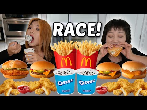 MCDONALD'S RACE EATING COMPETITION! OREO MCFLURRY, CHEESEBURGERS, CHICKEN MCNUGGETS, FRIES 먹방