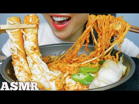 ASMR CHEESY GIANT RICE CAKES + SPICY NOODLES + WHITE KIMCHI (EATING SOUNDS) NO TALKING | SAS-ASMR