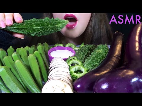 HEALTHY EATING ASMR Raw Veggie Platter [Bitter Melon, Okra, Eggplant] SATISFYING Crunchy Sounds