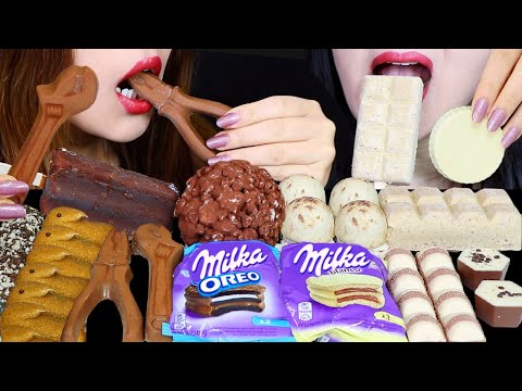 ASMR MILK + WHITE CHOCOLATE (MILKA OREO ALFAJOR, EDIBLE TOOLS, CARAMEL BALL, KINDER, MARSHMALLOW 먹방