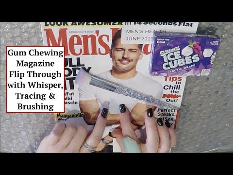 ASMR Gum Chewing Magazine Flip Through. Whisper, Brush, Tracing