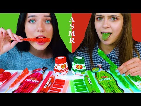 ASMR RED AND GREEN FOOD (JELLY STRAWS, NIK-L-NIP WAX STICKS, ROCK CANDY) MUKBANG