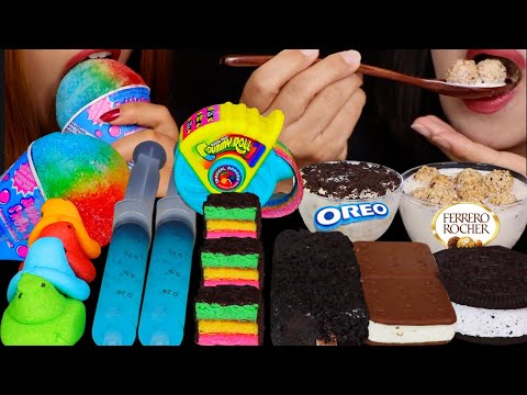 ASMR RAINBOW SNOW CONE, FROG EGG JELLY SHOOTERS, CAKE BITES, TROPICAL GUMMY ROLL, FERRERO BALL, OREO