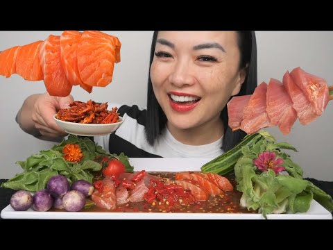 SPICY SALMON + TUNA SASHIMI PLATTER *THAI STYLE (ASMR EATING SOUNDS) LIGHT WHISPERS | SAS-ASMR