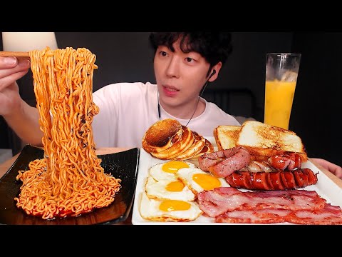 MUKBANG 불닭볶음면 & 미국식 아침밥 먹방 (토스트,핫케익,계란후라이,소세지,베이컨) FIRE NOODLES & AMERICAN STYLE FOODS [SIO ASMR 시오]