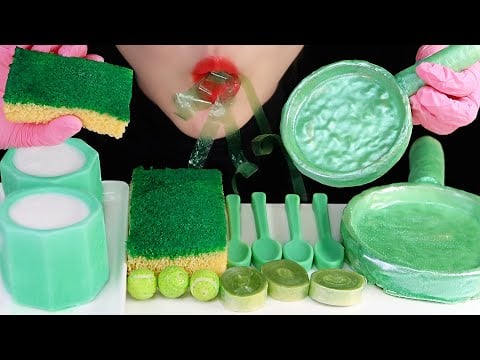 EDIBLE KITCHEN ASMR GREEN FOOD ASMR EDIBLE DISH SPONGE ASMR EDIBLE FRYING PAN, EDIBLE SPOON MUKBANG