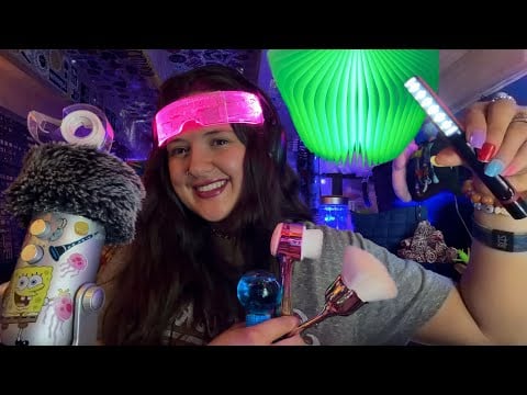 Car ride, tape, water globes, soft brush, book light, mouth sounds, fluffy mic, etc