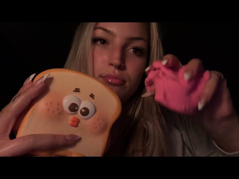 ASMR lofi personal attention to squishies + whisper ramble (gum chewing) 