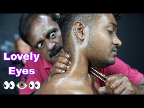 Neck Pain Gone | Big Eye Barber Doing Neck Massage With Wood Sticks | ASMR Neck Crack | Ear Crack