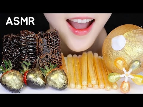 ASMR HONEYCOMB, WAX STICK CANDY, CHOCOLATE COVERED STRAWBERRY, PINWHEEL CANDY MUKBANG NO TALKING