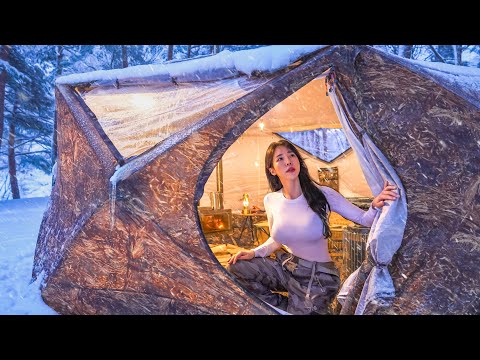 Hot Tent Camping in Wet Snow & Freezing Rain | Sounds of Snow