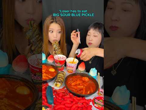 10x spicy buldak ramen and giant fried sushi burrito race! #food #eating #mukbang #sushi #race