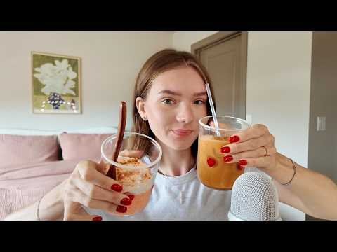 ASMR | eating carrot cake overnight oats + make iced latte with me