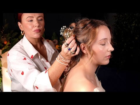 ASMR boho bridal hair styling ✨ wedding up do trial session with flowers @realpersonasmrbyaugust