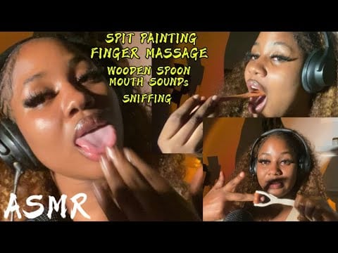 ASMR💫SPIT PAINTING, FINGER MASSAGE, HAND RUB, AND WOODEN SPOON MOUTH SOUND