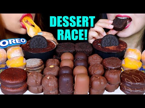 ASMR LEFTOVER DESSERT RACE! MINI CHOCOLATE MARSHMALLOW, BROWNIES, MOCHI ICE CREAM, CREAM PUFFS 먹방